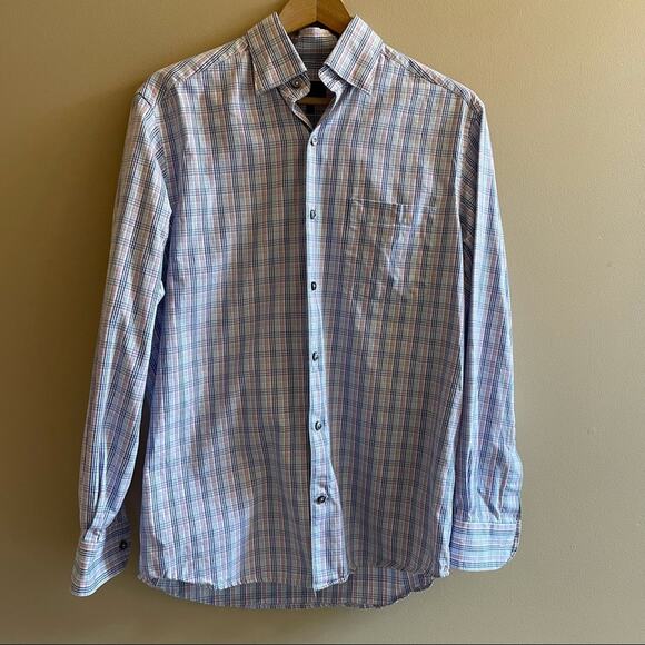 Kim Herring pastel plaid button down collar shirt SIZE M - Picture 1 of 5